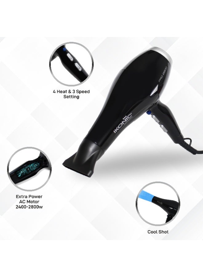 أي كونيك مجفف شعر احترافي Ikonic Pro 2800+، أسود، بقوة 2400–2800 واط، مزود بمحرك AC قوي ومنخفض الضجيج، مع 4 إعدادات حرارة و2 سرعة، زر الهواء البارد (Cool Shot)، فوهتان للتصفيف، نظام حماية من ارتفاع الحرارة، سلك بطول 2.8 متر، مناسب لجميع أنواع الشعر - Image 3